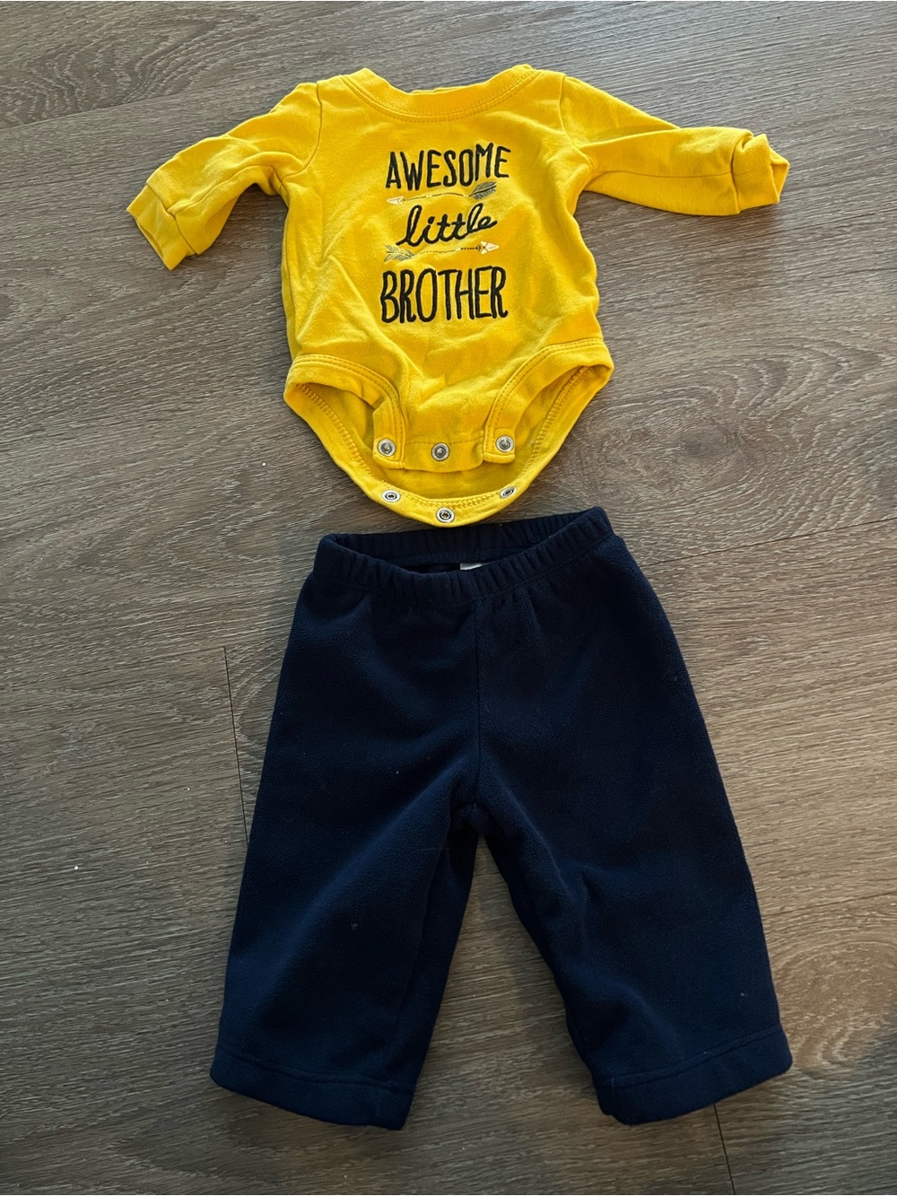 Yellow "Awesome Little Brother" Bodysuit with Navy Pants